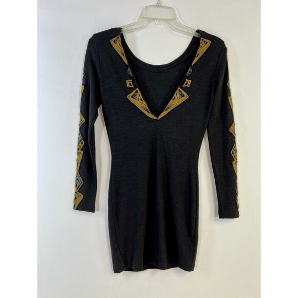 Free People Womens Cotton Embroidered Long Sleeve Mini Dress Black Size XS Boho - Picture 2 of 12
